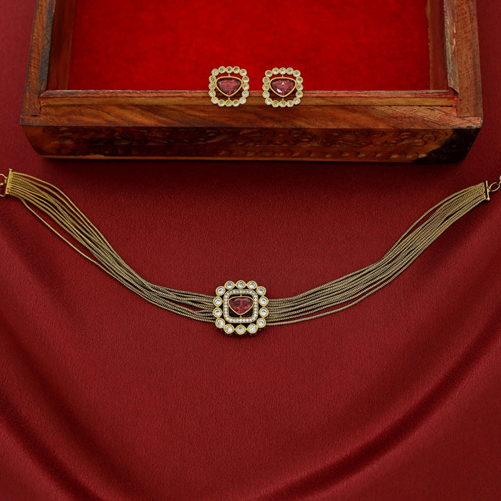 Vasundhara AD Stone Layered Glossy Choker With Earring