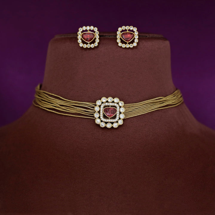 Vasundhara AD Stone Layered Glossy Choker With Earring