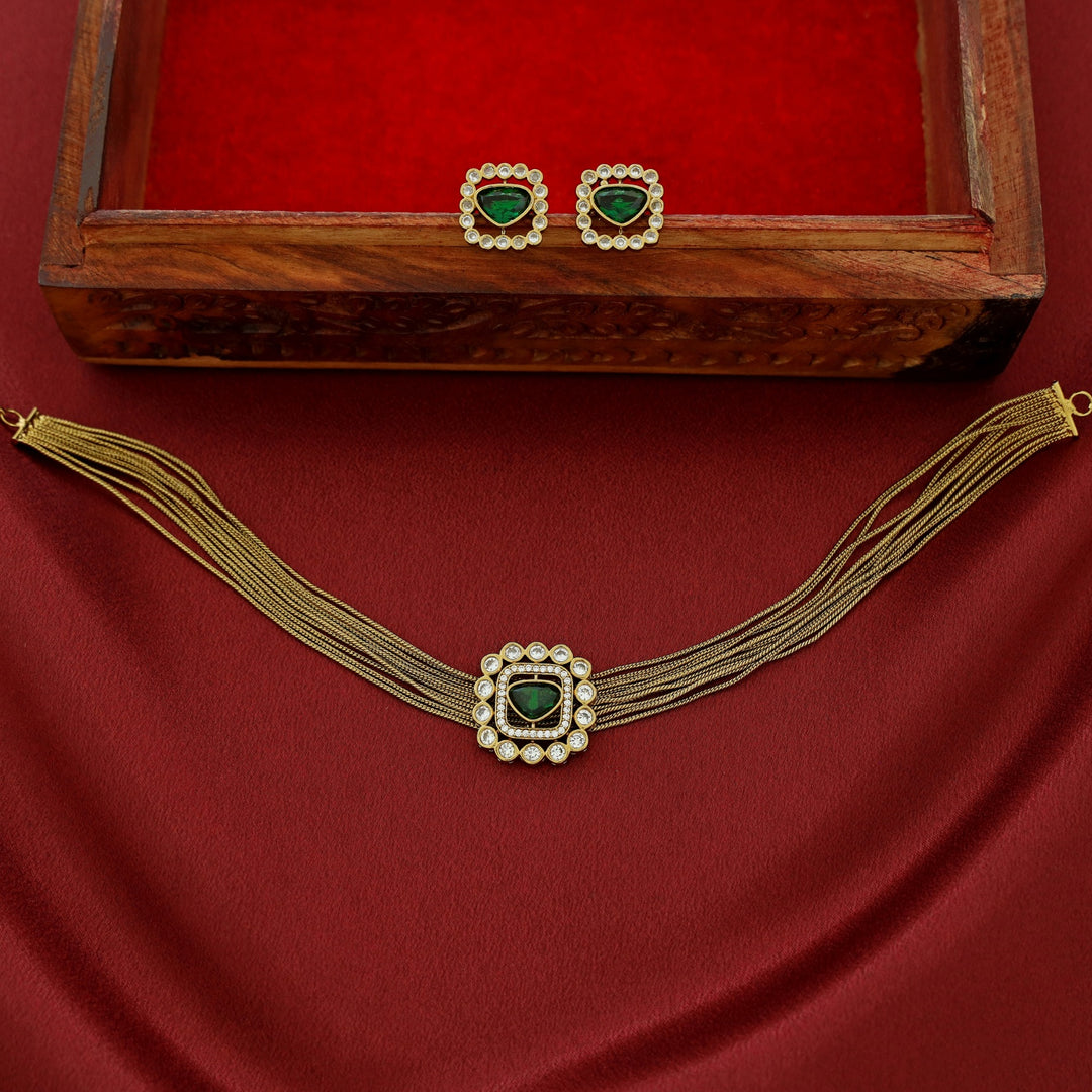 Vasundhara AD Stone Layered Glossy Choker With Earring