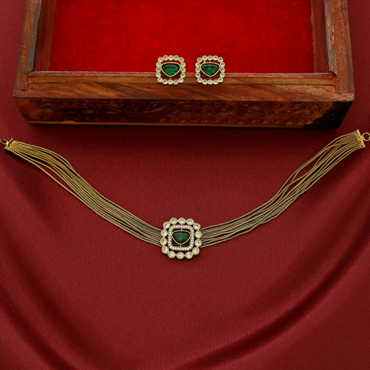 Vasundhara AD Stone Layered Glossy Choker With Earring
