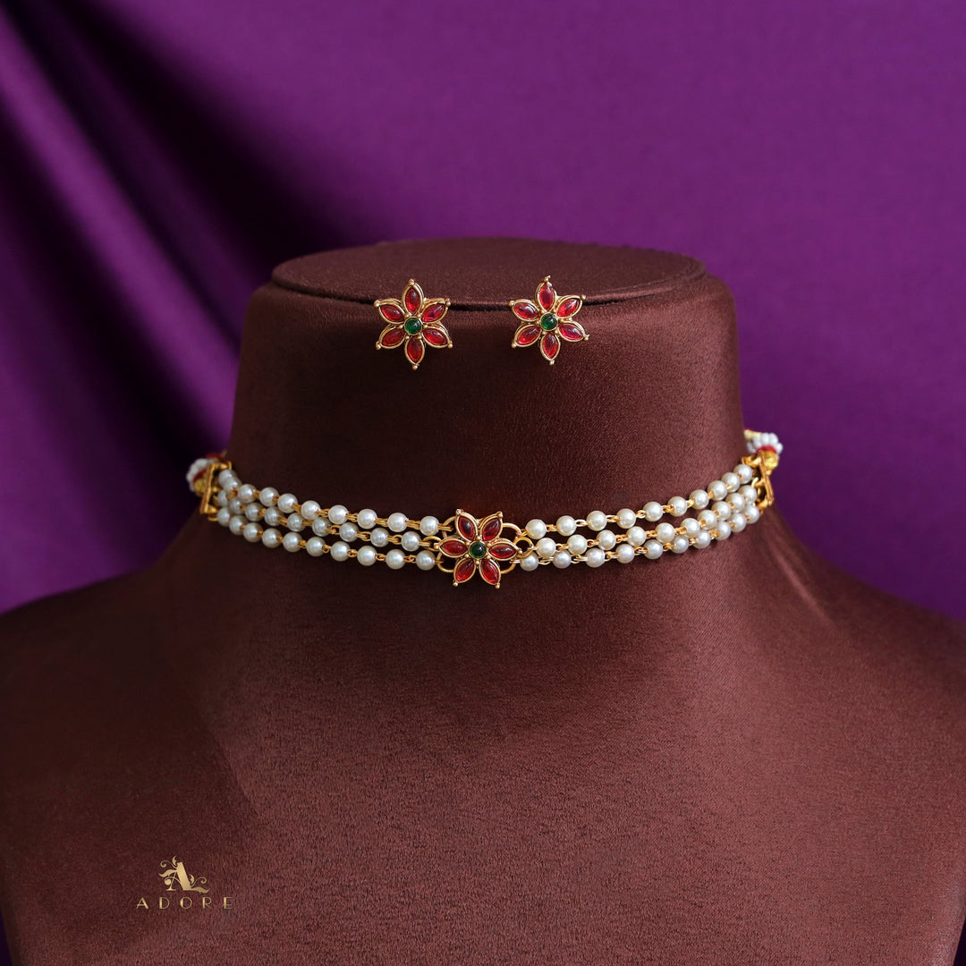 Yashvitha 3 Layer Flower Pearl Choker with Earring