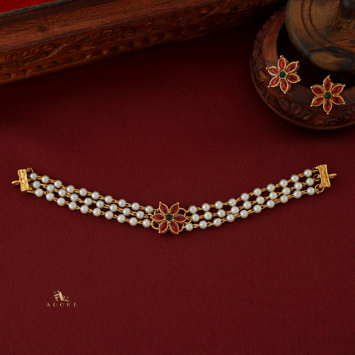 Yashvitha 3 Layer Flower Pearl Choker with Earring