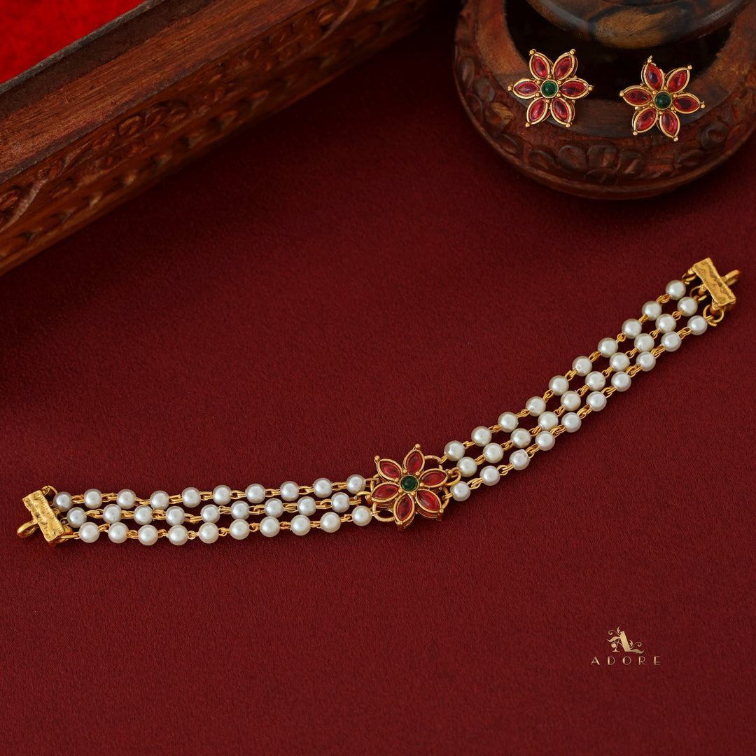 Yashvitha 3 Layer Flower Pearl Choker with Earring