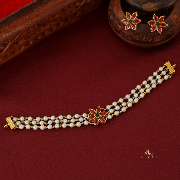 Yashvitha 3 Layer Flower Pearl Choker with Earring