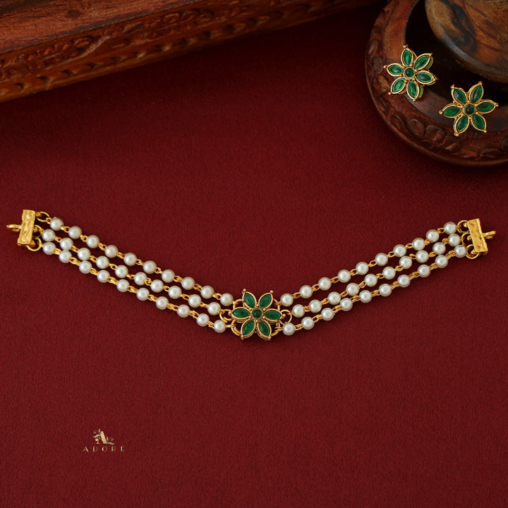 Yashvitha 3 Layer Flower Pearl Choker with Earring