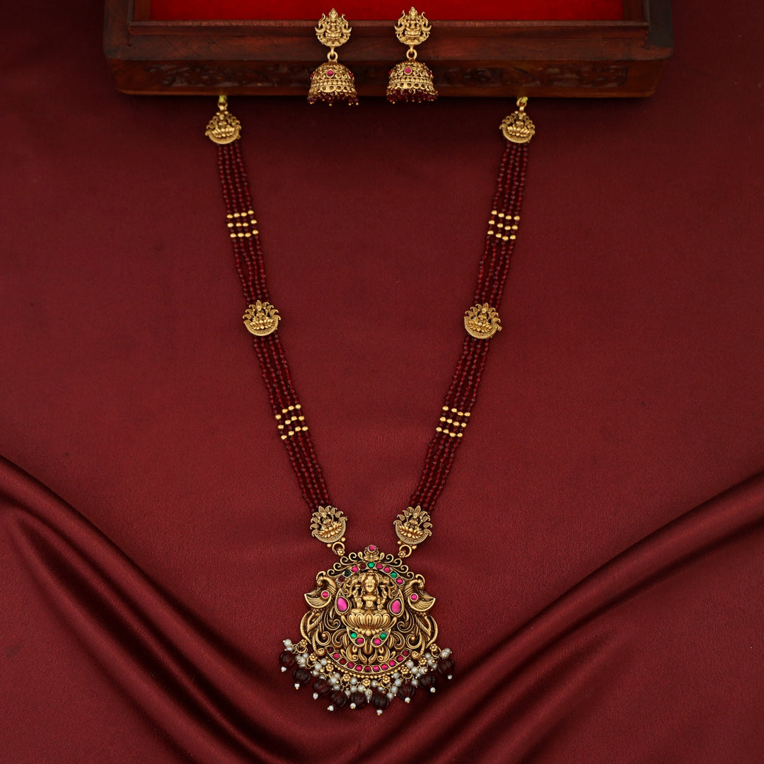 Aishani Devi 4 Layer Beaded Long Haram Neckpiece With Earring