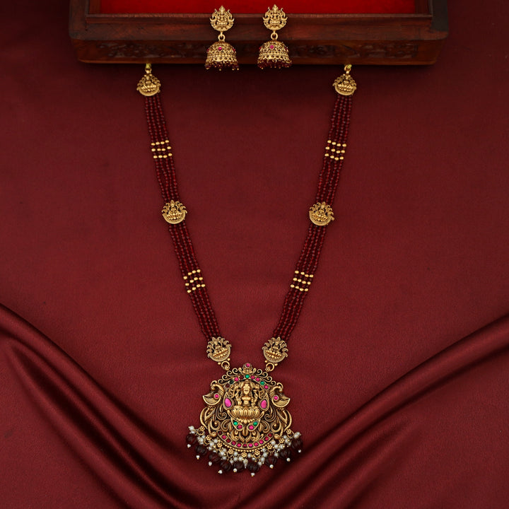 Aishani Devi 4 Layer Beaded Long Haram Neckpiece With Earring