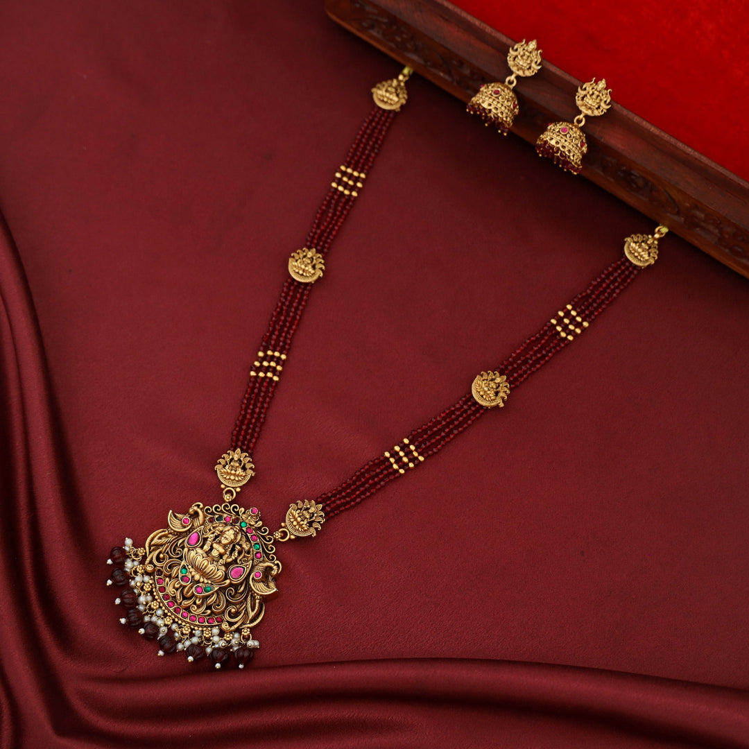 Aishani Devi 4 Layer Beaded Long Haram Neckpiece With Earring