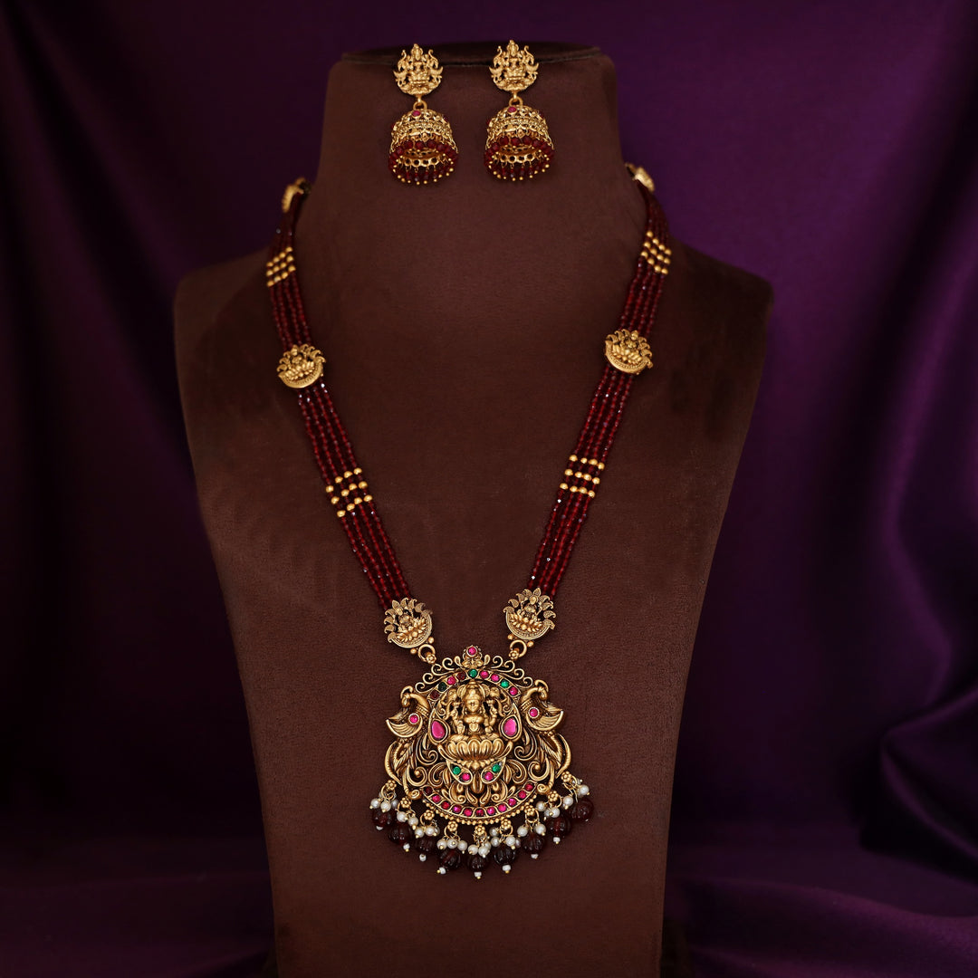 Aishani Devi 4 Layer Beaded Long Haram Neckpiece With Earring