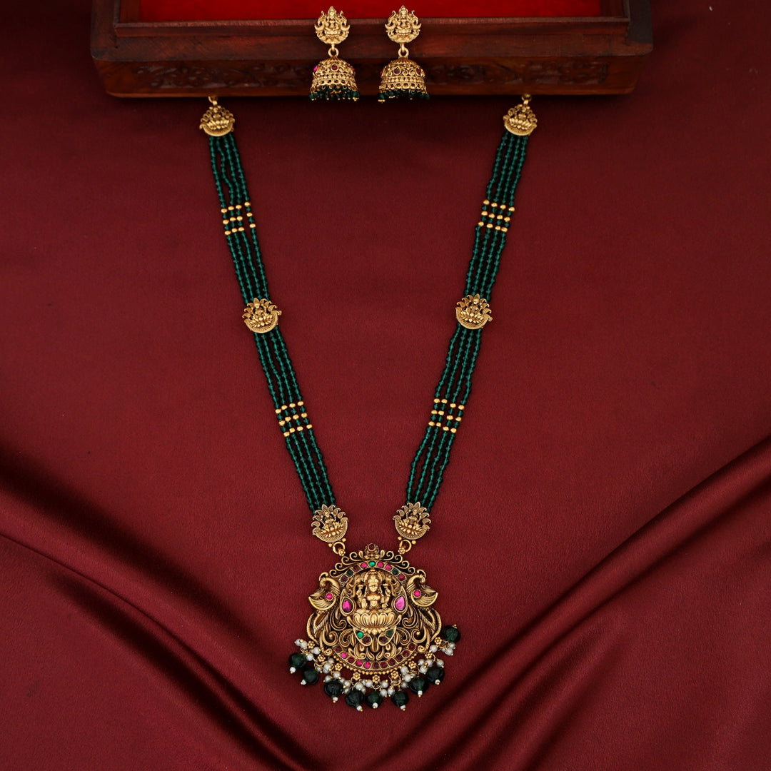 Aishani Devi 4 Layer Beaded Long Haram Neckpiece With Earring