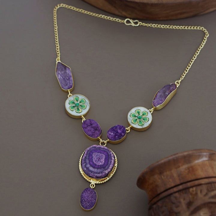 Alara Hand Painted Agate + Druzy + Dyed Stone Neckpiece