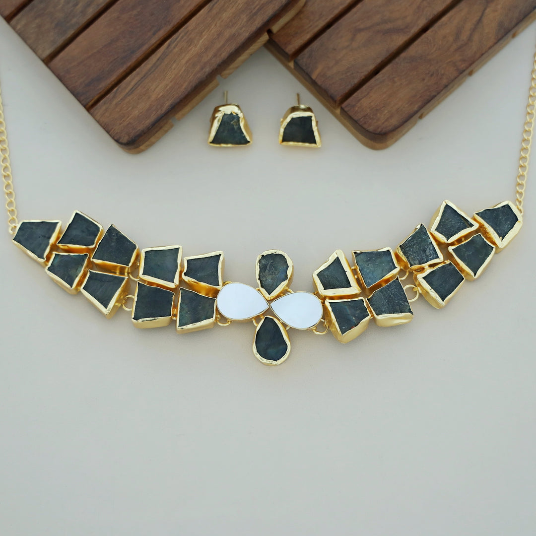 Adina 2 Layer Raw Stone + MOP Choker With Earring