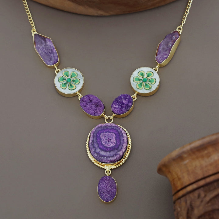 Alara Hand Painted Agate + Druzy + Dyed Stone Neckpiece