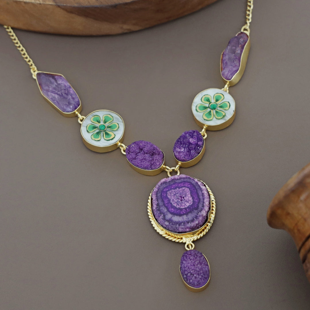 Alara Hand Painted Agate + Druzy + Dyed Stone Neckpiece