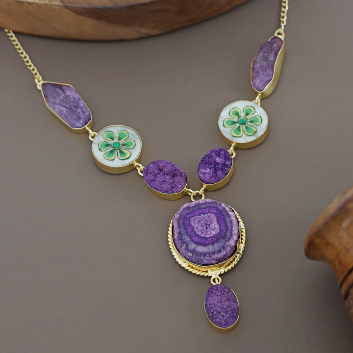 Alara Hand Painted Agate + Druzy + Dyed Stone Neckpiece