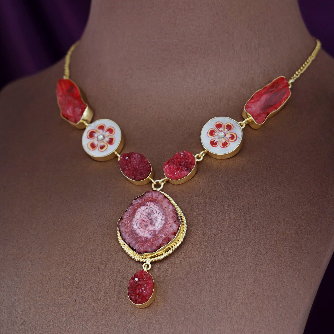 Alara Hand Painted Agate + Druzy + Dyed Stone Neckpiece