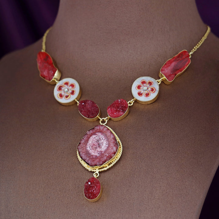 Alara Hand Painted Agate + Druzy + Dyed Stone Neckpiece