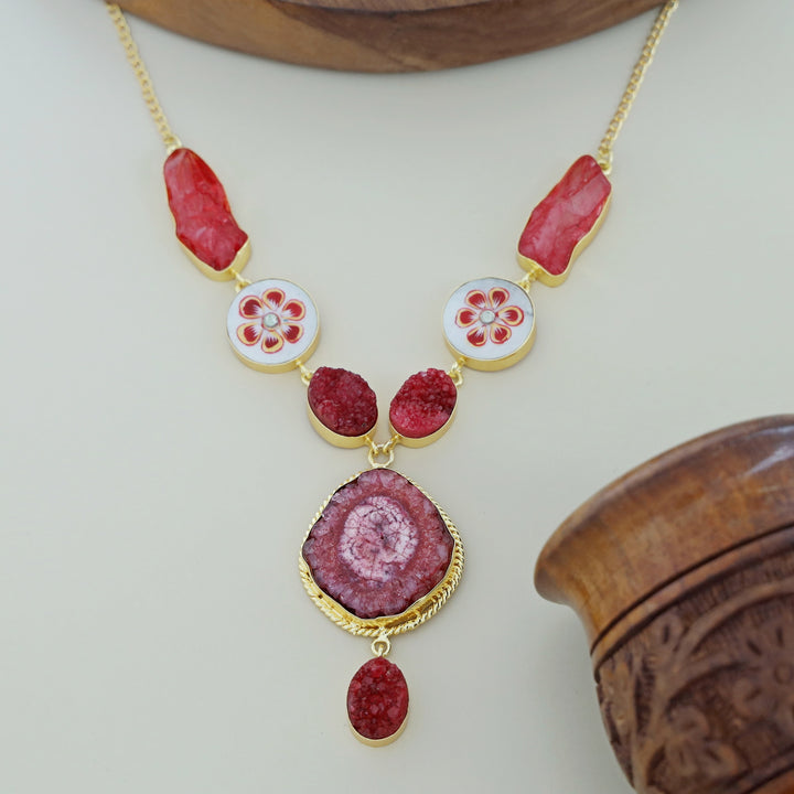 Alara Hand Painted Agate + Druzy + Dyed Stone Neckpiece