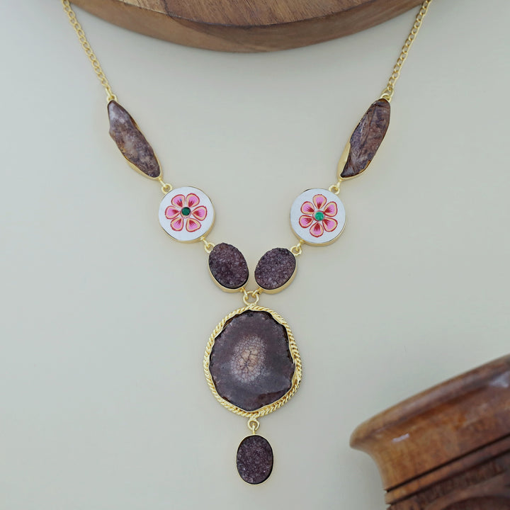 Alara Hand Painted Agate + Druzy + Dyed Stone Neckpiece