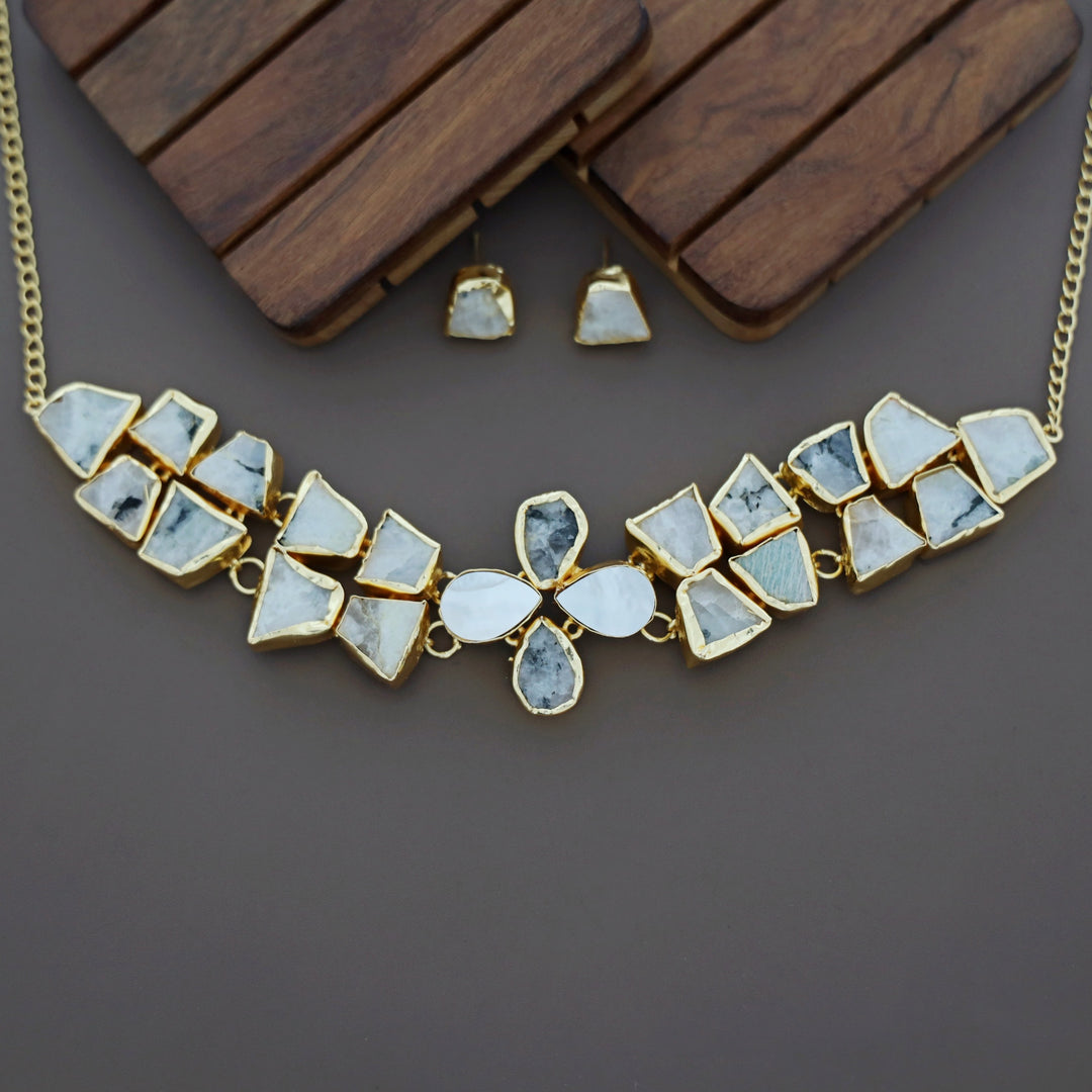 Adina 2 Layer Raw Stone + MOP Choker With Earring