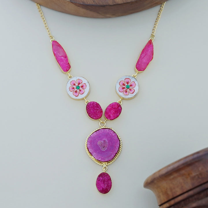 Alara Hand Painted Agate + Druzy + Dyed Stone Neckpiece