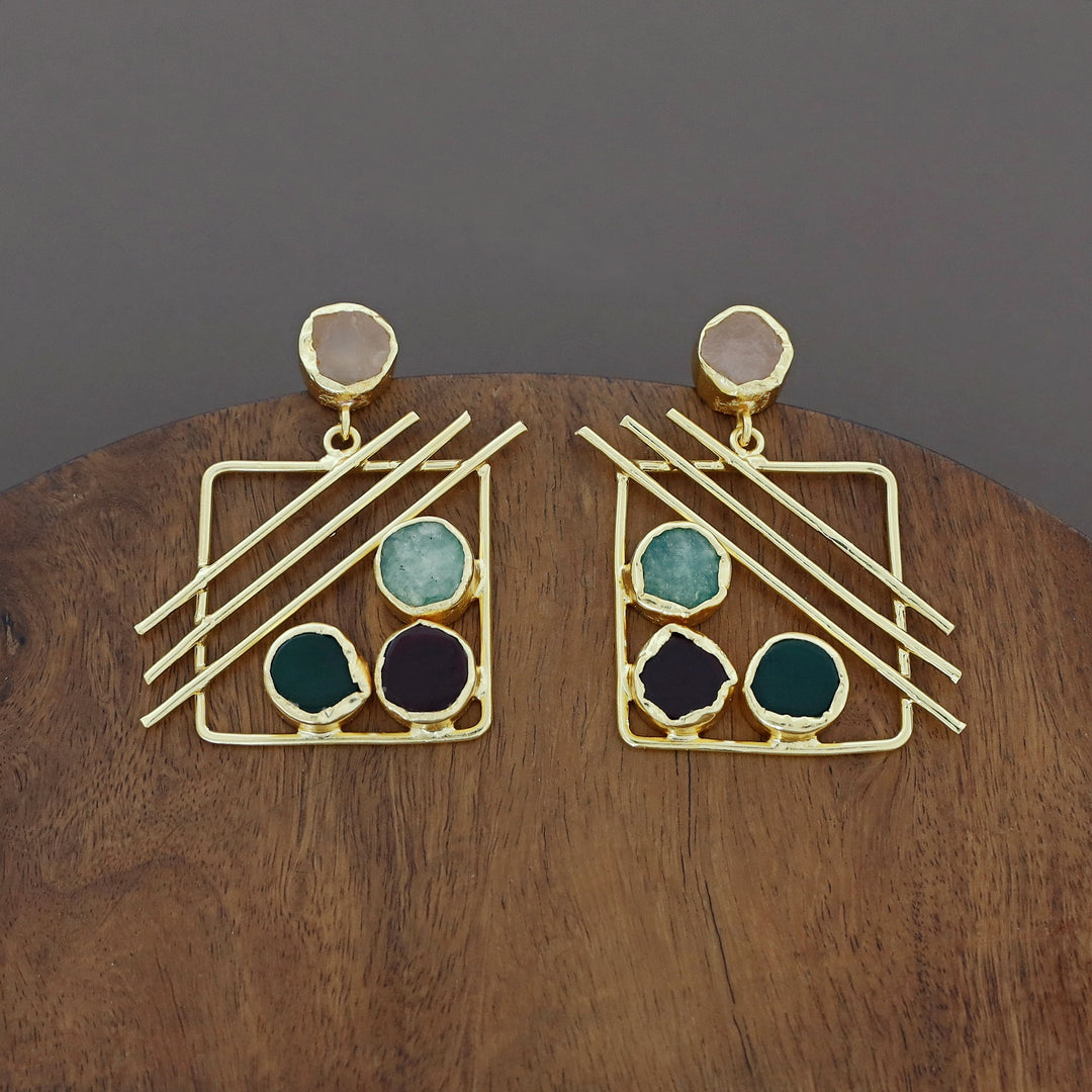 Golden Square Triple Line Raw Stone Earring