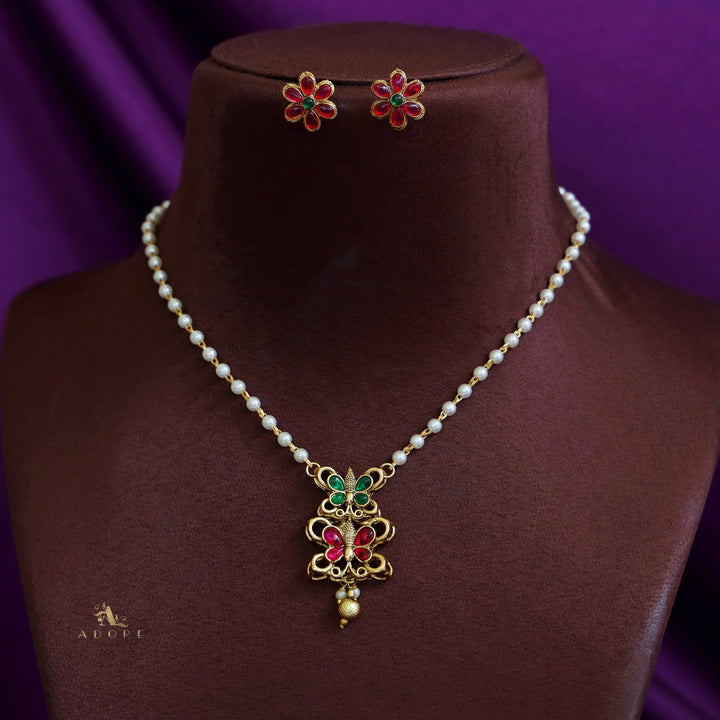 Dual Papillon Pearl Thulya Neckpiece with Earring