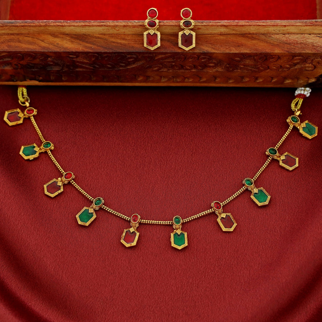 Alaka Golden Enamel Short Neckpiece With Earring