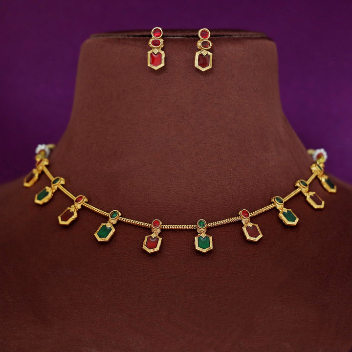 Alaka Golden Enamel Short Neckpiece With Earring