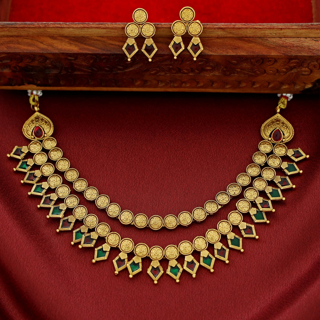 Charita 2 Layer Enamel Palakka Short Neckpiece With Earring