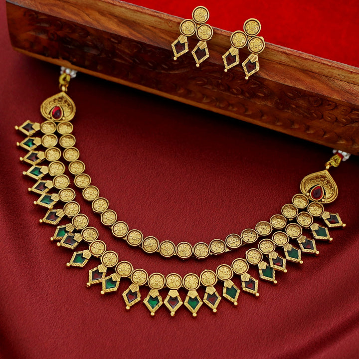 Charita 2 Layer Enamel Palakka Short Neckpiece With Earring