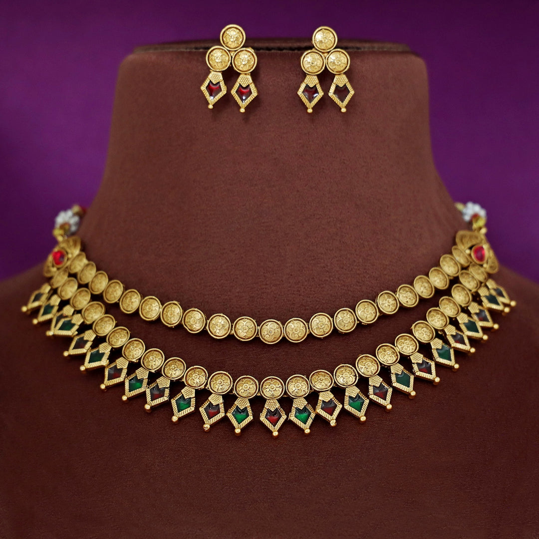Charita 2 Layer Enamel Palakka Short Neckpiece With Earring