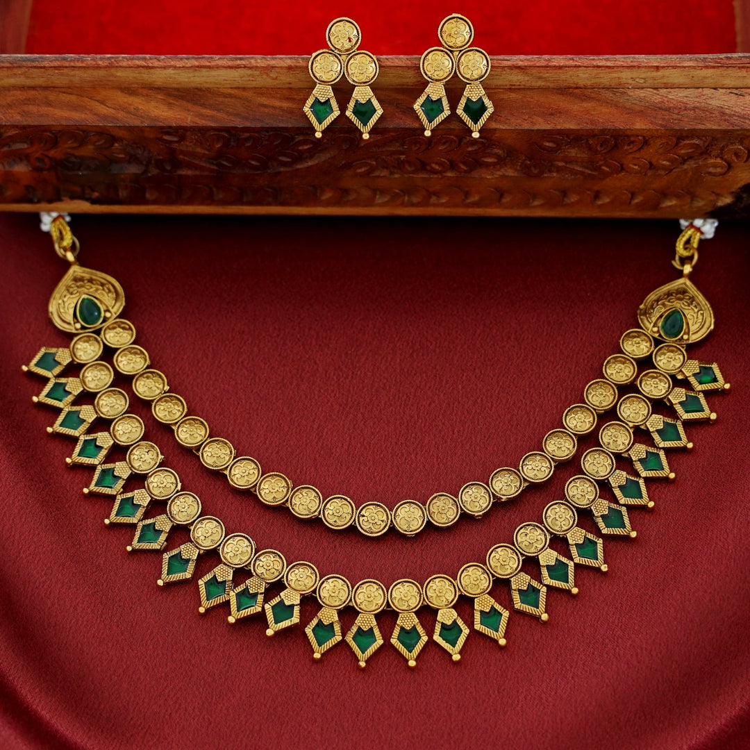 Charita 2 Layer Enamel Palakka Short Neckpiece With Earring