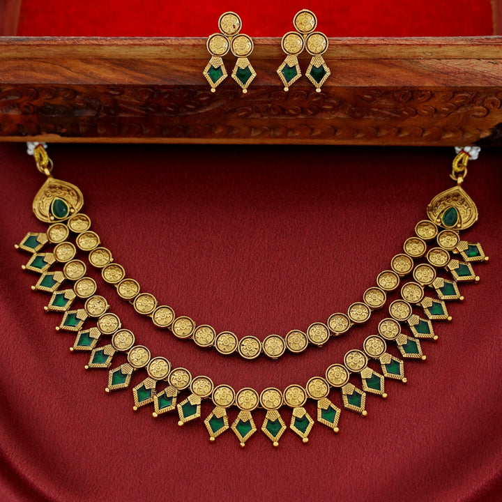 Charita 2 Layer Enamel Palakka Short Neckpiece With Earring