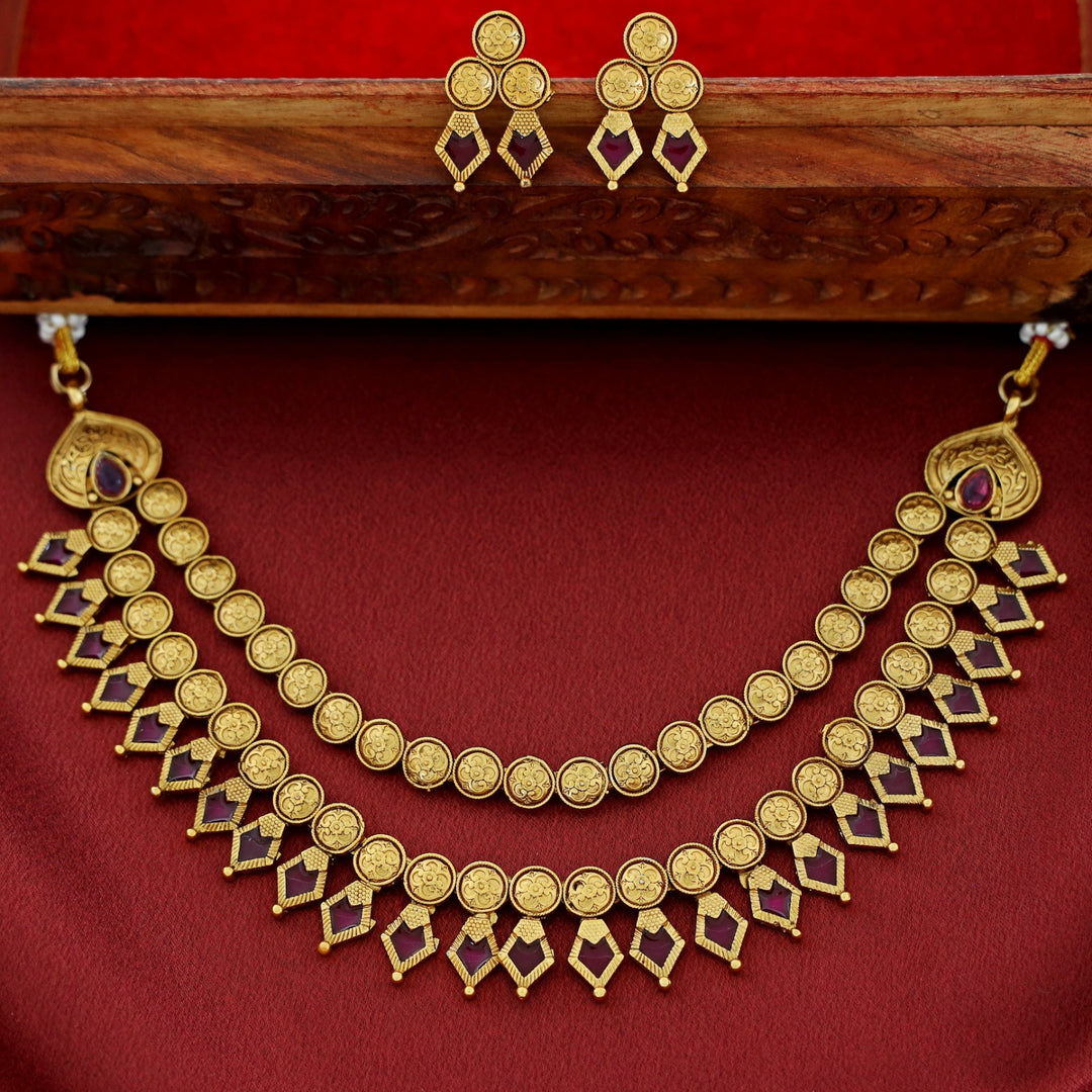 Charita 2 Layer Enamel Palakka Short Neckpiece With Earring