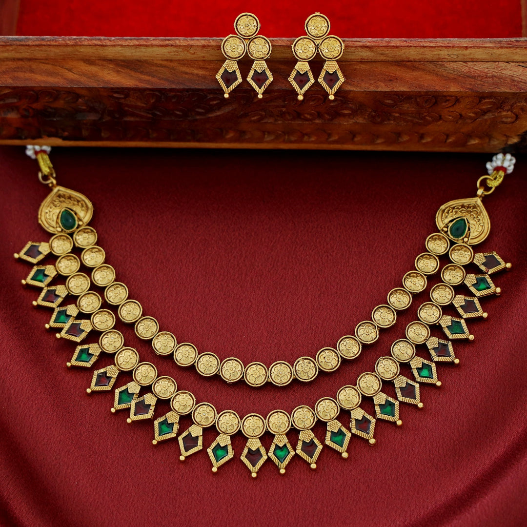 Charita 2 Layer Enamel Palakka Short Neckpiece With Earring