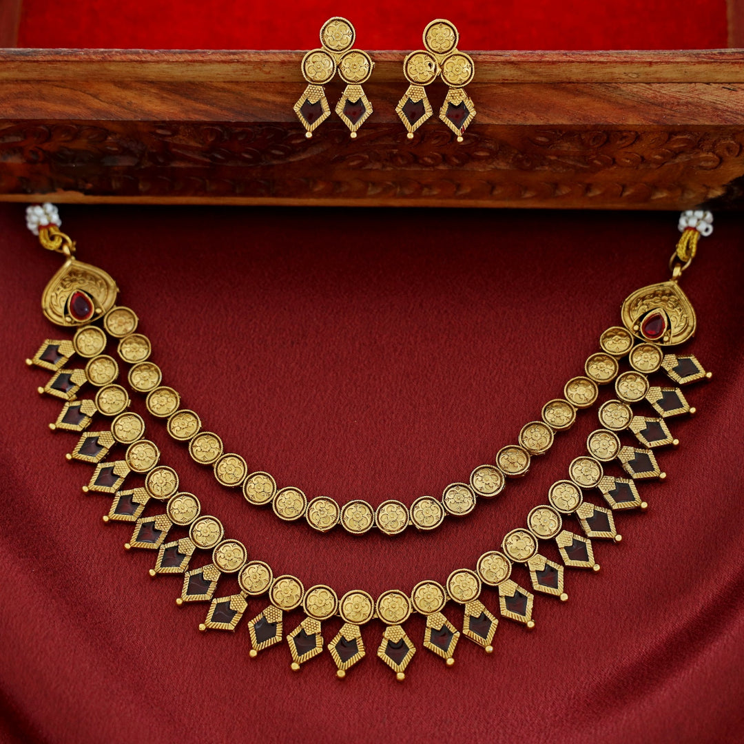 Charita 2 Layer Enamel Palakka Short Neckpiece With Earring