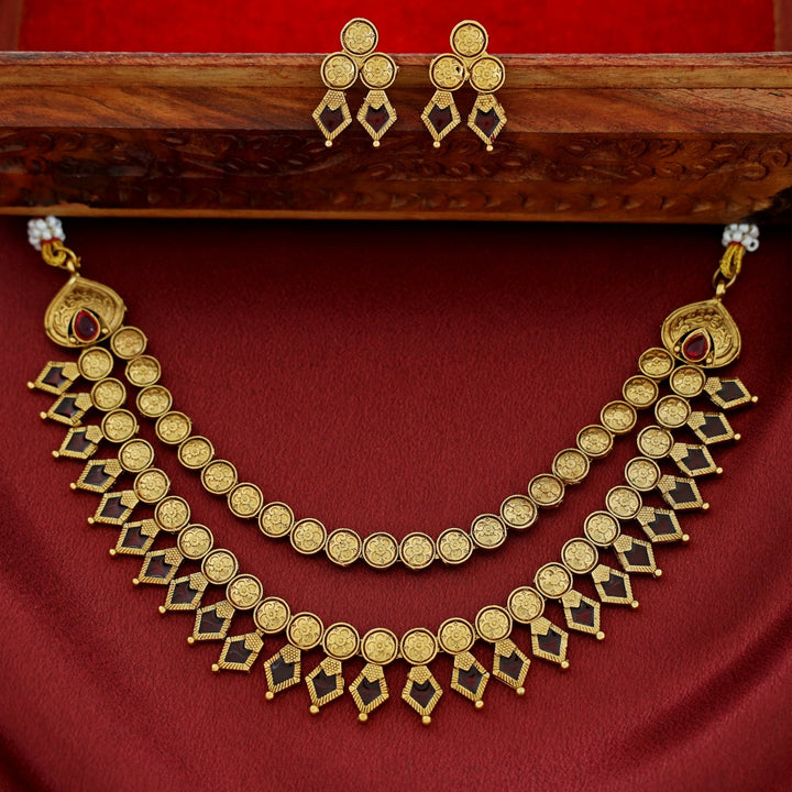 Charita 2 Layer Enamel Palakka Short Neckpiece With Earring