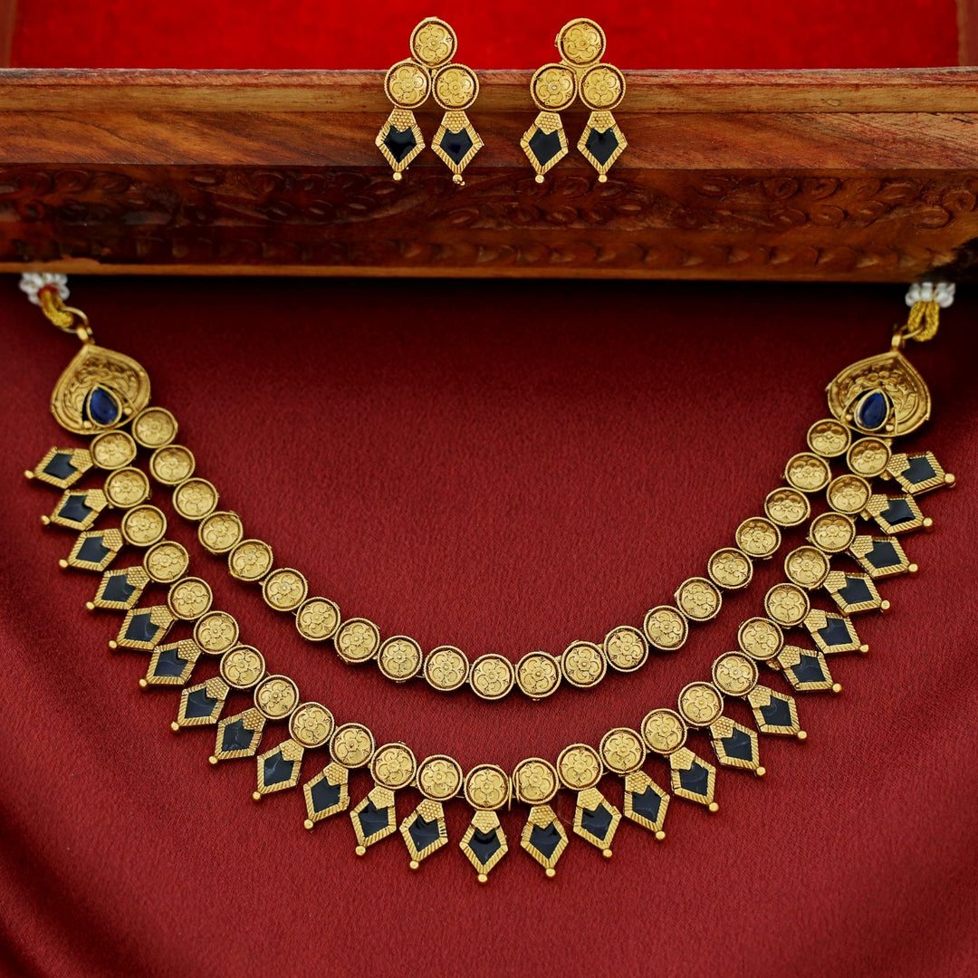 Charita 2 Layer Enamel Palakka Short Neckpiece With Earring