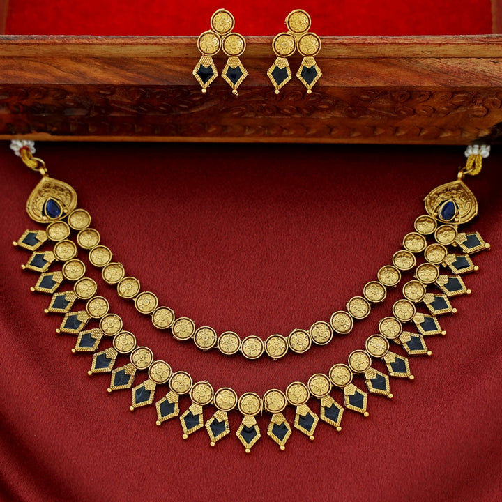 Charita 2 Layer Enamel Palakka Short Neckpiece With Earring