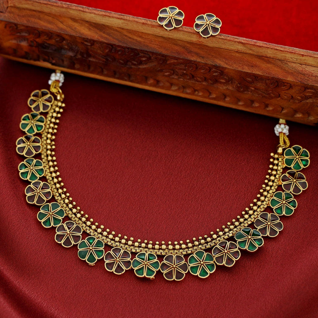 Tanima Golden Enamel Flower Short Neckpiece With Earring