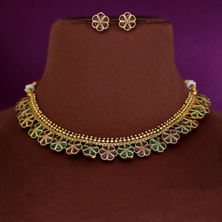 Tanima Golden Enamel Flower Short Neckpiece With Earring