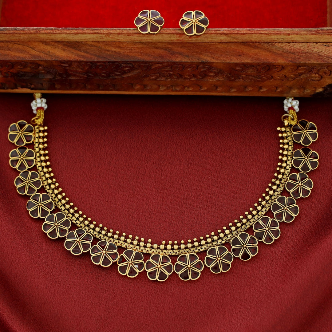 Tanima Golden Enamel Flower Short Neckpiece With Earring