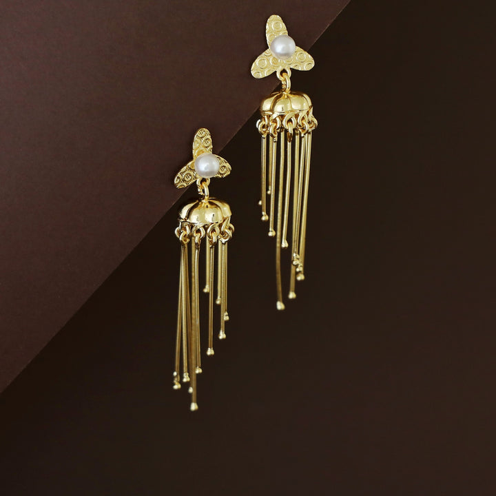 Sachika Golden Flower Pearl Jhumka Stick Earring