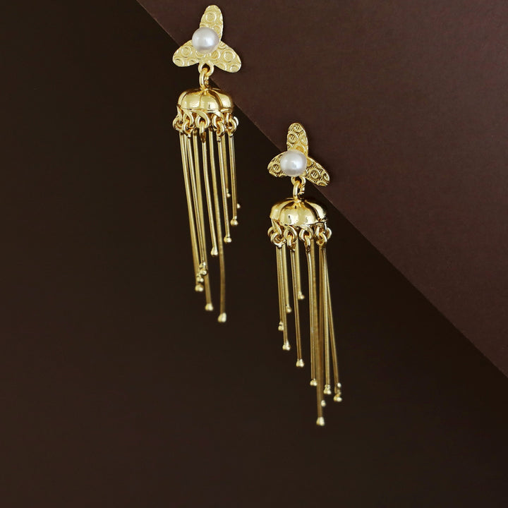 Sachika Golden Flower Pearl Jhumka Stick Earring