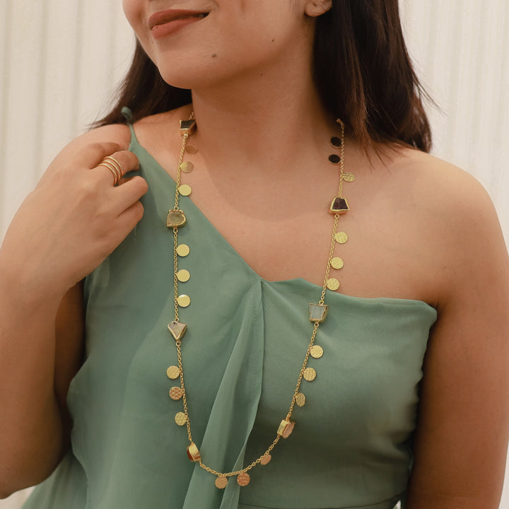 Multicolour Raw Stone + Golden Textured Coin Long Neckpiece