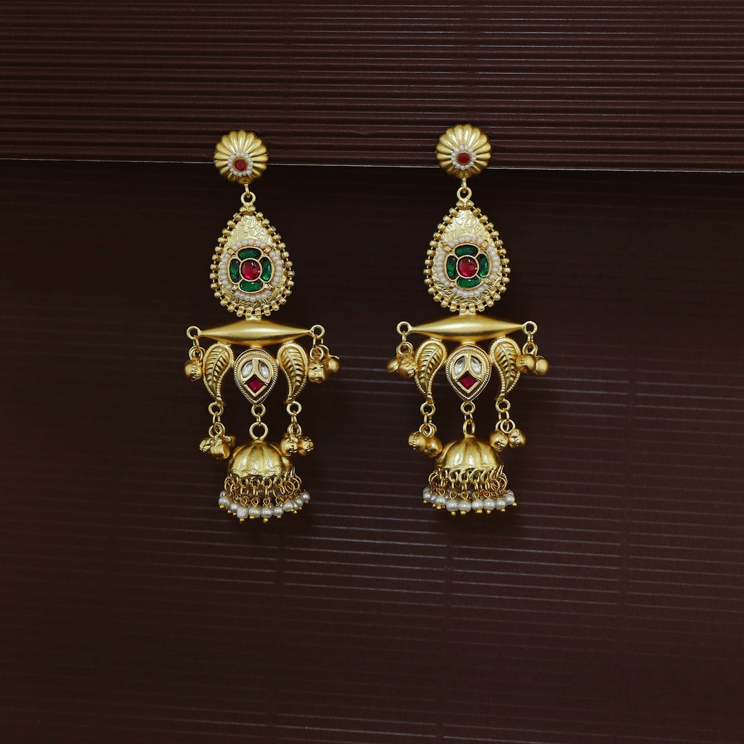Gul Jadau Kundan Flower Ghungroo Pearl Kashmiri Jhumka