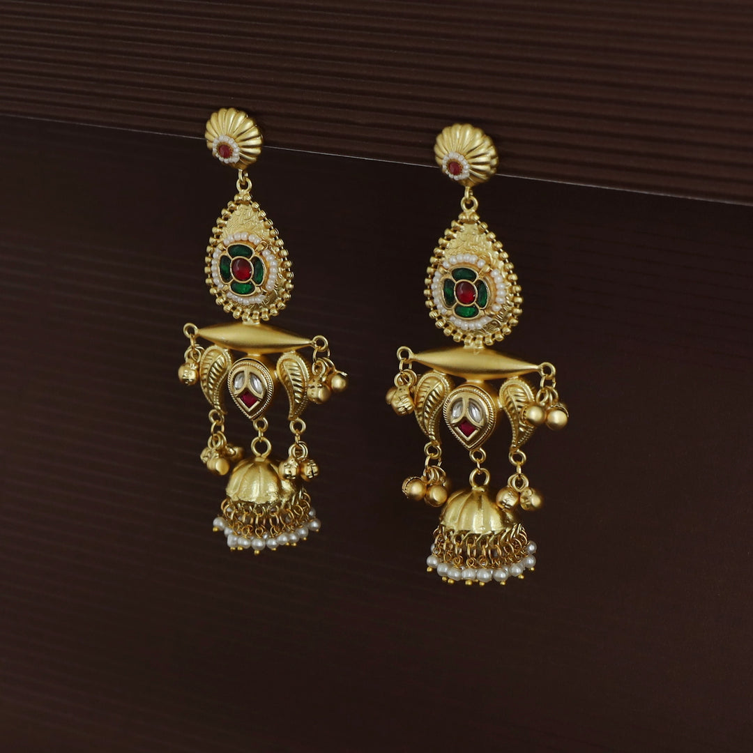 Gul Jadau Kundan Flower Ghungroo Pearl Kashmiri Jhumka