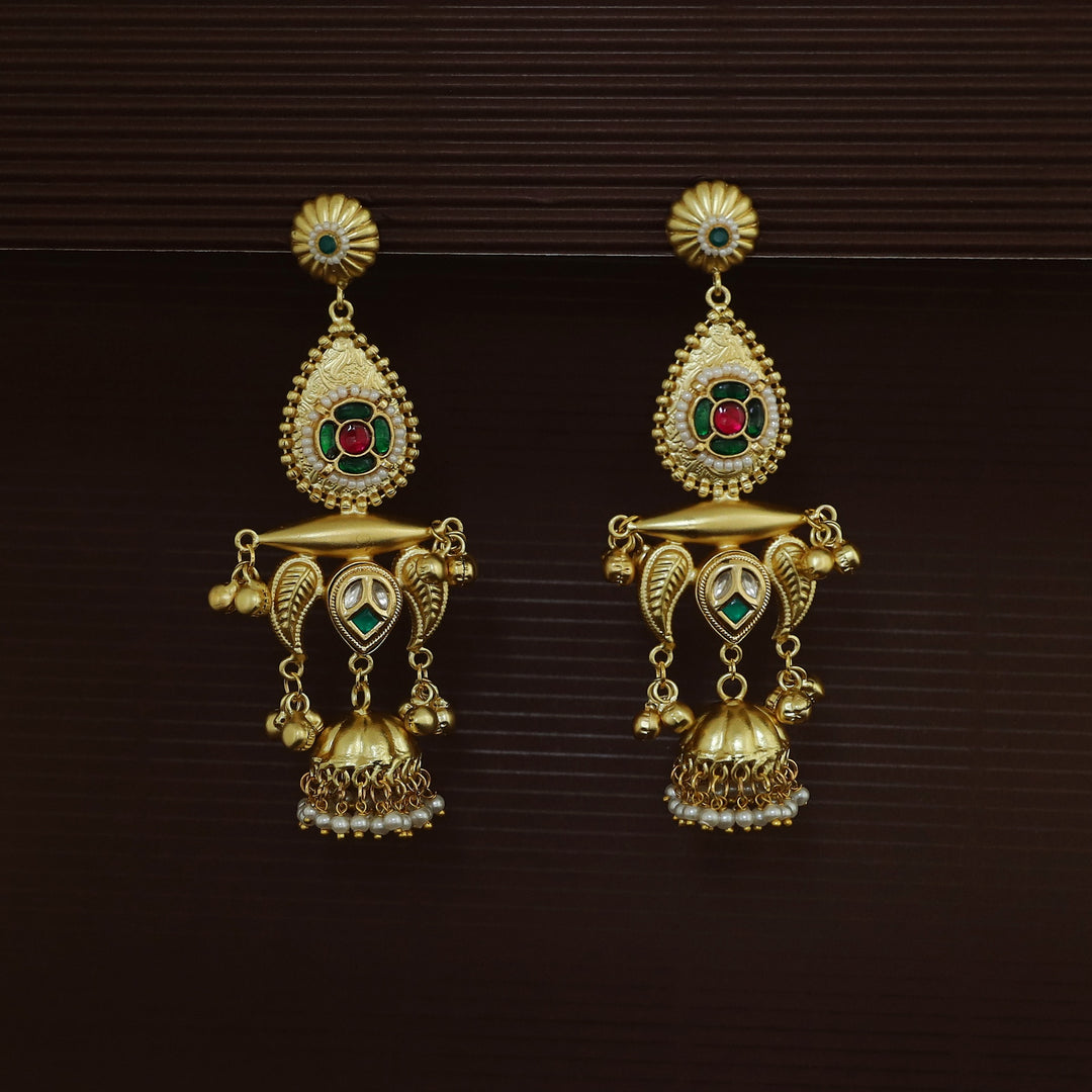 Gul Jadau Kundan Flower Ghungroo Pearl Kashmiri Jhumka