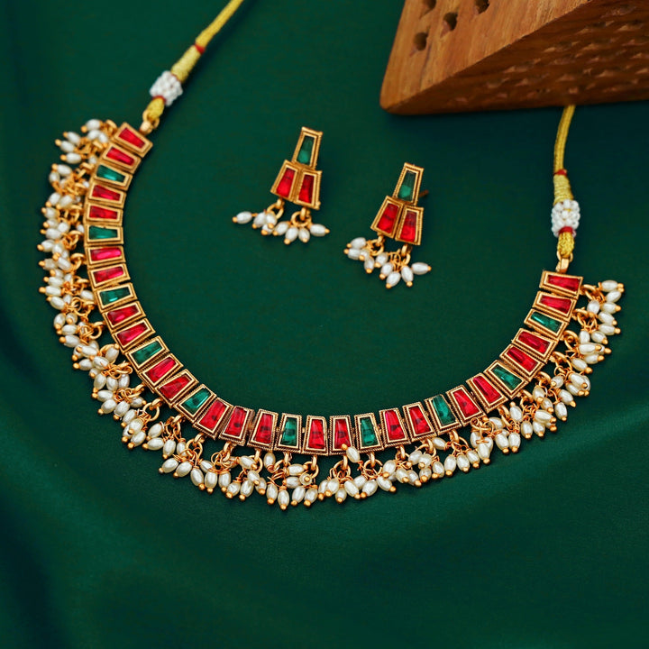 Aadarshini Golden Glossy Rice Pearled Neckpiece With Earring